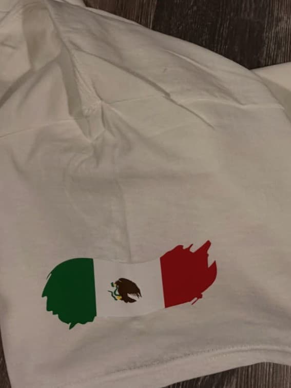 Gabbie's finished white shirt with a Mexican flag design