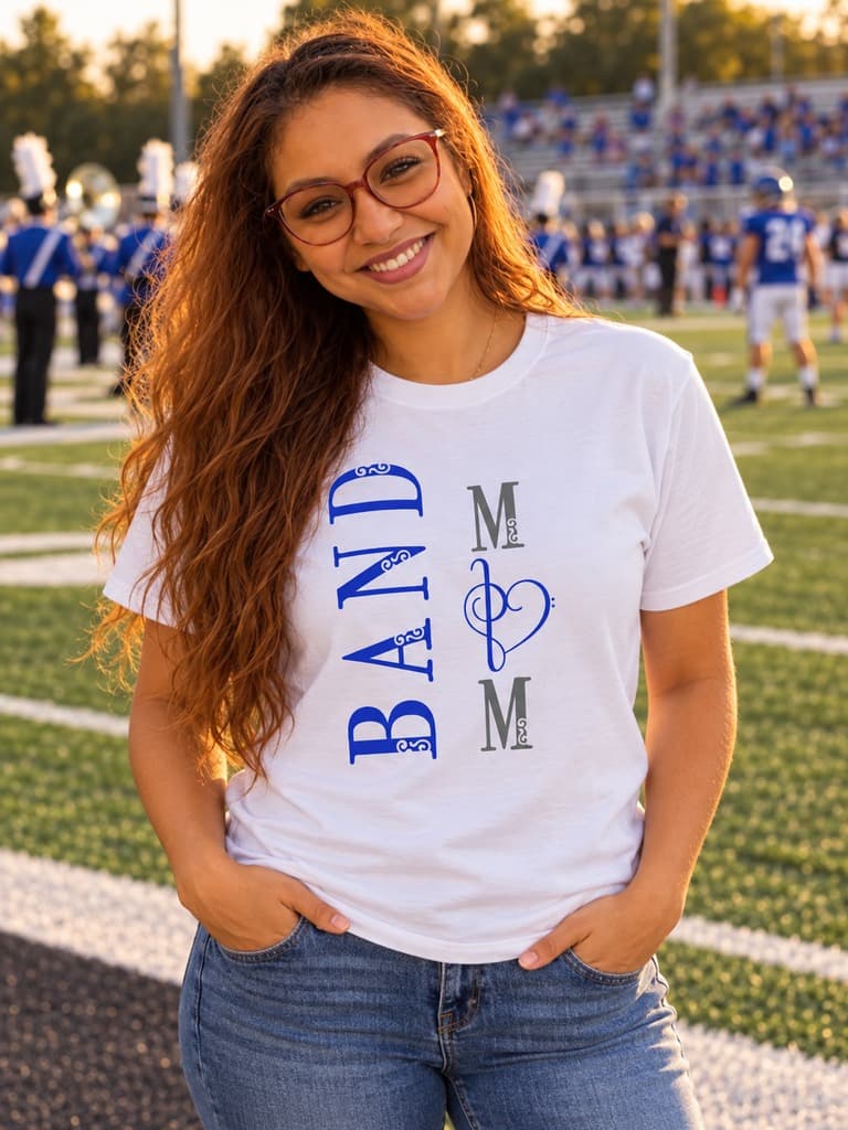 Woman at a football field in a white Band Mom shirt (example photo)