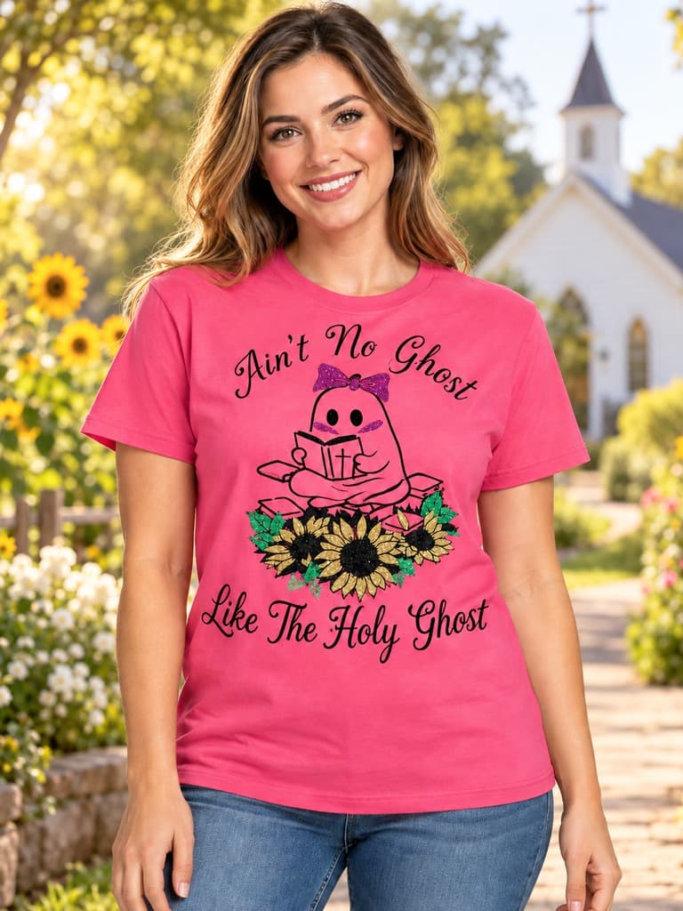 Woman wearing the pink Ain't No Ghost shirt (example photo)