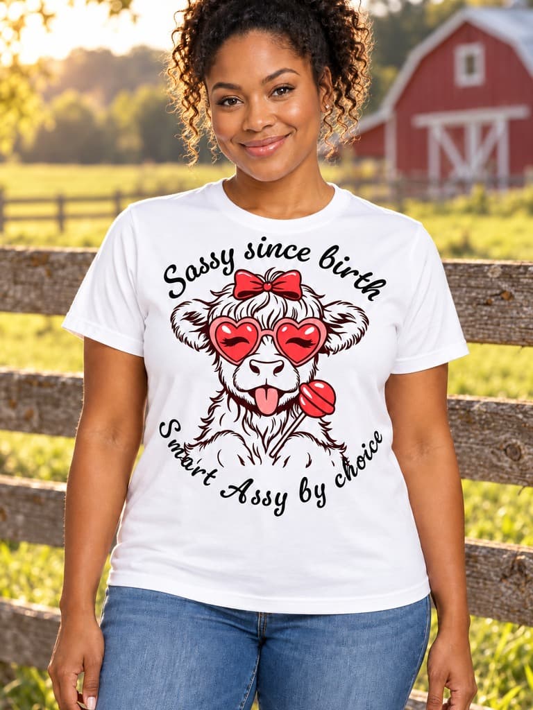Woman in a white shirt with a highland cow in heart sunglasses (example photo)