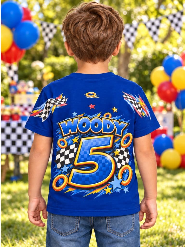 Back of the blue Sonic Woody 5 shirt (example photo)