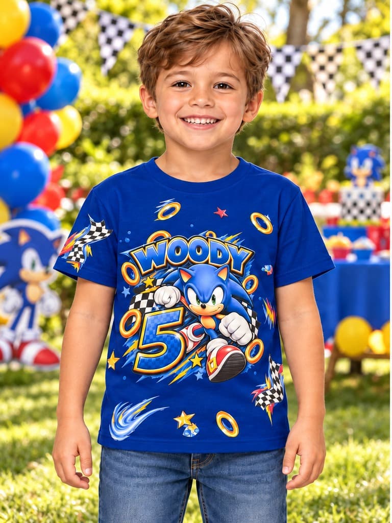 Boy wearing the blue Sonic Woody 5 shirt at a party (example photo)