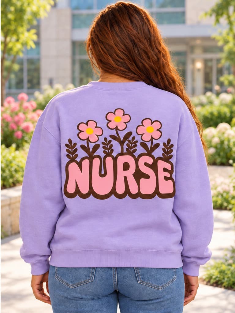 Back of a lavender sweatshirt with NURSE in retro pink letters (example photo)