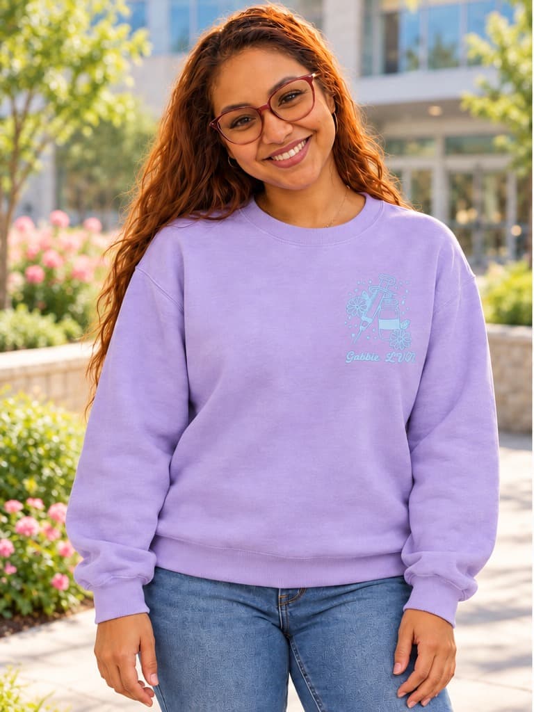 Woman in a lavender sweatshirt with a small design on the chest (example photo)