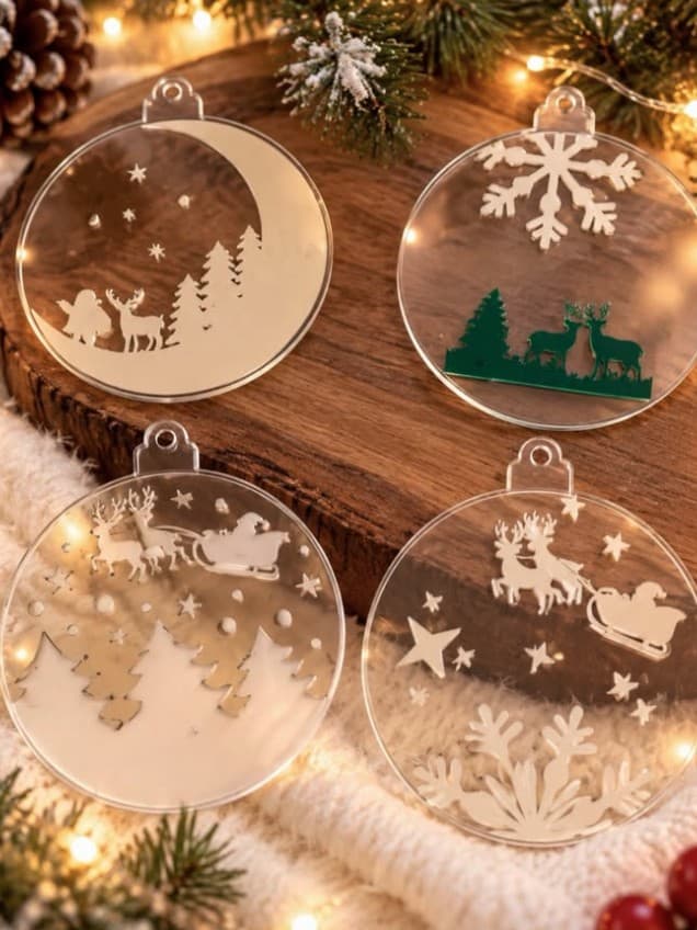 Clear acrylic Christmas ornaments with etched winter scenes