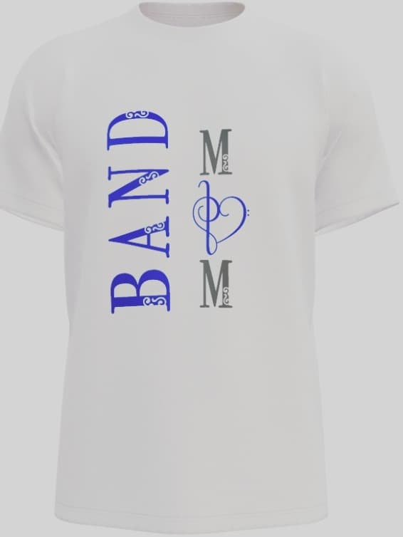 White shirt with BAND in blue letters and a music heart between two Ms
