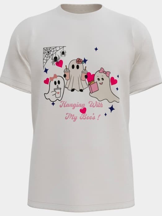 Cream shirt with three cute ghosts and the words Hanging with my Boos
