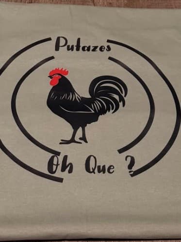 Gabbie's finished tan shirt with a rooster in a circle, back