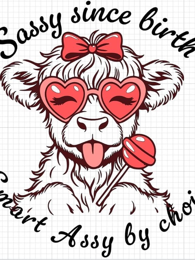 Sassy since birth design: a highland cow in heart sunglasses with a red bow