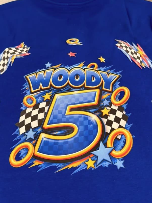 Gabbie's finished blue Woody 5 shirt, back