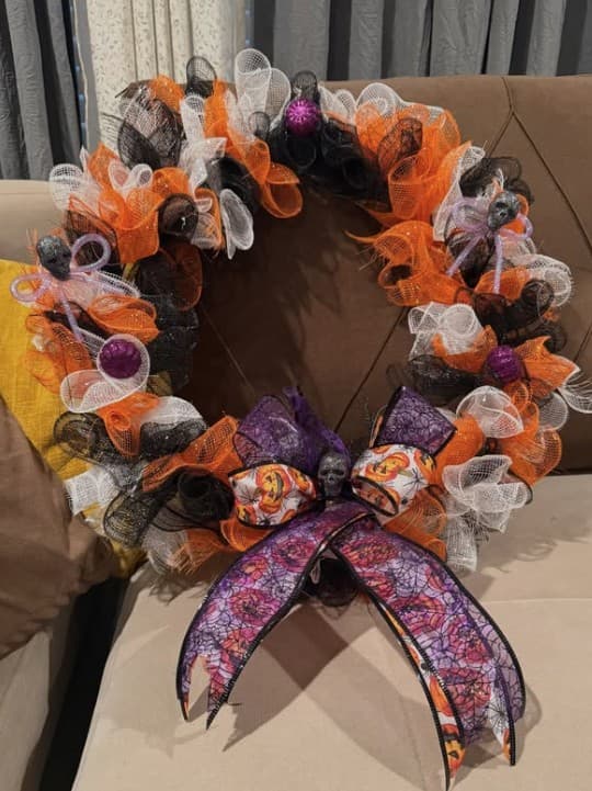 Gabbie's finished orange and black Halloween wreath