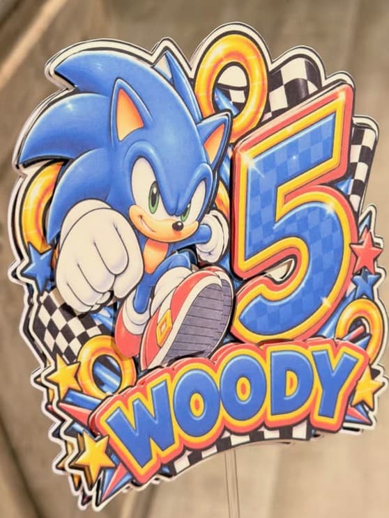 Gabbie's finished layered Sonic cake topper with Woody 5