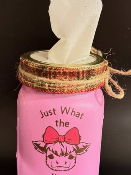 Pink mason jar tissue holder with a highland cow design